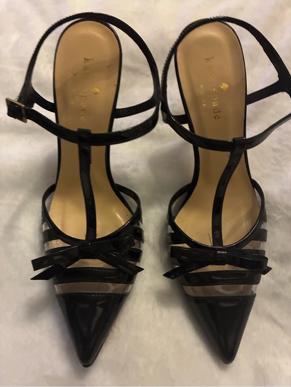 kate spade Black Patent Pointed-Toe T-Strap Heels with Bow Detail